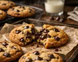 Délicieux cookies sans oeuf aux pépites de chocolat, encore chauds et fondants, sur une plaque de cuisson.
