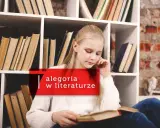 Dziewczynka zamyślona nad książką, otoczona regałami pełnymi literatury. To obraz, który może symbolizować alegorię poszukiwania ukrytych znaczeń w tekstach.