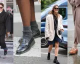 Women's loafers styled with socks: grey ribbed socks with black loafers, sheer black socks with black loafers, and beige ribbed socks with brown loafers.