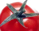 Gros plan sur une tomate rouge vif, ses sépales verts pointant vers le ciel. Une image qui évoque le danger de la tomate, peut-être une métaphore de la beauté trompeuse.