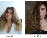 Avant : cheveux mi-longs, ondulés et un peu frisottis. Après : cheveux bouclés, brillants et pleins de vie.