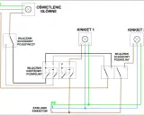 Schemat instalacji elektrycznej z oświetleniem głównym, kinkietami oraz włącznikami schodowymi i krzyżowym.