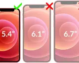 Porównanie iPhone 12 wymiary: 5.4", 6.1" i 6.7". Zielony znaczek przy 5.4", czerwone krzyżyki przy pozostałych.