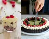 Deliciosos dulces de verano: un postre de cerezas y crema en vaso y un pastel de matcha decorado con frambuesas y galletas.