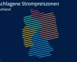 Vorgeschlagene Strompreiszonen für Deutschland, dargestellt als stilisierte Karte mit farbigen Streifen.