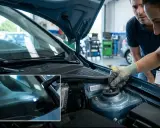 Mecánicos revisan los números para troquelar chasis en un coche. Un detalle muestra el número de identificación del vehículo grabado en el parabrisas.