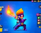 Amber De La Vega, postać z gry Brawl Stars, w stroju kontrolera z płonącym mieczem.
