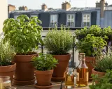 Un balcon parisien baigné de soleil, avec une variété de **plante aromatique plein soleil** : basilic, romarin, menthe, lavande. Huiles essentielles prêtes à l'emploi.