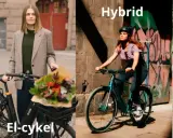 En person cyklar på mtb leder i skogen. En annan person på elcykel med blommor. En hybridcykel och en racer på vägen.