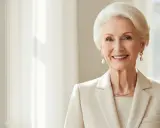 Eleganza senza tempo: come vestirsi a 70 anni e più con stile. Una donna sorride, indossa un tailleur chiaro e perle.