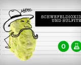 Gelber Schwefelklumpen mit Hut und Schnurrbart vor einer Messlatte. Text: "Schwefeldioxid und Sulfite". Wo sind Sulfite enthalten?