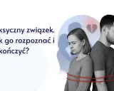 Para z opaską na rękach, symbolizująca toksyczną męskość i związek, z pękniętym sercem w tle.