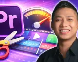 Joven sonriente junto a íconos de edición de video: tijeras, logo de Premiere y una línea de tiempo. ¡El futuro de la premiere IA!