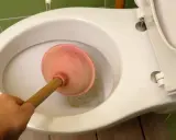 Main tenant utilise une ventouse pour déboucher le WC.