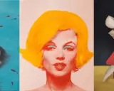 Three distinct artworks showcase figurative art: a child looking up at fish in blue water, a vibrant pop art portrait of Marilyn Monroe, and abstract dancers.