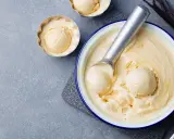 Glace vanille sorbetière crémeuse, servie dans un bol avec une cuillère à glace. Des gousses de vanille sont disposées à côté.
