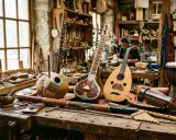 Atelier de lutherie avec un luth, un sitar et d'autres instruments de musique asie. Un artisan travaille en arrière-plan.