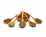 Fünf Holzlöffel mit verschiedenen Pulvern, die aus einer Schale mit getrockneten Pilzen ragen. Ideal für die Unterstützung beim Abnehmen mit Vitalpilzen.