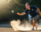 Un homme concentré est en pleine action, tirant avec des petites boules sur un terrain poussiéreux. La lumière dorée du soleil illumine la scène.