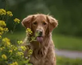 Piękny pies rasy retriever z językiem na wierzchu, otoczony żółtymi kwiatami.