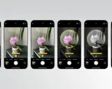 Sześć ekranów iPhone'a z różnymi efektami oświetlenia portretowego, w tym tryb nocny.