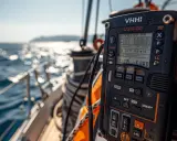 Radio VHF marine en action sur un voilier, assurant la communication en mer.