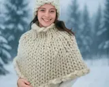 Lucila sonríe, abrigada con un poncho tejido grueso y un gorro, en un bosque nevado.