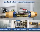 Appareil anti calcaire électrostatique Supurion JS-12E15, avec des vignettes montrant des gouttes d'eau, un filtre et un autre appareil.