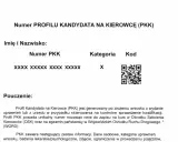 Numer PKK kandydata na kierowcę, kategoria X, kod QR. Dokument zawiera pouczenie o profilu PKK.