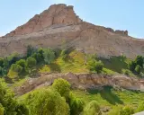 Grüne Oase am Fuße eines Felsmassivs bei Al Ain. Üppige Vegetation kontrastiert mit der trockenen Berglandschaft.