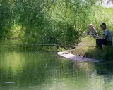 Dwie osoby łowią ryby nad zielonym jeziorem, otoczone bujną roślinnością.