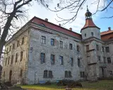 Zniszczony pałac Domanice z wieżą i czerwonym dachem, otoczony drzewami.