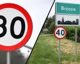 Znak 80 km/h po lewej, a po prawej znak miejscowości Brzoza z ograniczeniem do 40 km/h. Czy niedługo czy nie długo, trzeba zwolnić.