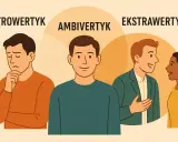 Trzy osoby: zamyślony introwertyk, uśmiechnięty **ambiwertyk** i rozmawiający ekstrawertyk.