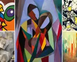 Collage of modern art styles: vibrant birds mural, cubist portrait, abstract figures, Jackson Pollock-esque drip painting, and a stylized cityscape.