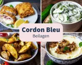 Cordon Bleu mit Kartoffelspalten, Gurkensalat und Kartoffelpüree. Köstliche Beilagen für ein perfektes Essen.