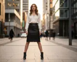 Elegancka kobieta w czarnej skórzanej spódnicy i satynowej bluzce prezentuje stylowe skórzana spódnica stylizacje na tle miejskiej ulicy.