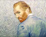 Vincent van Gogh, med sitt karaktäristiska röda skägg, blickar bortåt mot en virvlande, stjärnklar bakgrund. Hans syskon skulle känt igen hans intensiva blick.