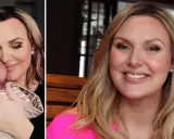 Sanna Nielsen, gravid med andra barnet, håller sitt nyfödda barn. Hon ler lyckligt.