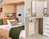 Comment avoir une belle chambre : un lit douillet intégré dans des étagères en bois et un coin coiffeuse moderne avec miroir.