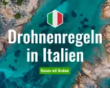 Drohnenregeln in Italien: Ein Hexagon mit italienischer Flagge über einer Küstenlandschaft. Reisen mit Drohne.