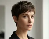 Kobieta z brązowymi włosami w fryzurze pixie cut. Ta fryzura pixie cut dla kogo? Dla odważnych i pewnych siebie kobiet, które chcą podkreślić swoją urodę.