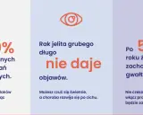 Grafika przedstawia trzy kolumny z ikonami i tekstem o raku jelita grubego: 10% korzysta z badań, choroba długo nie daje objawów, ryzyko wzrasta po 50. roku życia.