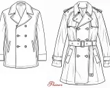 Line drawings showcase a classic trench coat with a belt and epaulets, contrasted with a shorter peacoat.