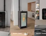 Estufas de pellets con conductos de aire: modelos Bolonia, Dubai y Córdoba Glass Canalizable, mostrando llamas vivas y diseños modernos.