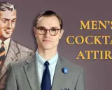 Men's cocktail attire often includes a tie, as shown by the vintage illustration and modern man.