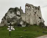 Ruiny zamku na skale, drogowskazy wskazujące atrakcje Jury Krakowsko-Częstochowskiej.