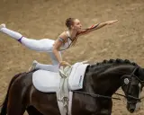 Eine Voltigiererin in weißem Anzug balanciert auf einem dunklen Pferd, bereit für das Voltigiieren Olympia.