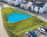 Eine blaue Fläche markiert eine geplante Mulde/Rigole in einem grünen Hang neben modernen Häusern und geparkten Autos.