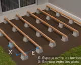 Schéma de montage d'une terrasse en bois : plots béton supportant des lambourdes en bois. Indication de l'entraxe (X) et de l'espacement (E).
